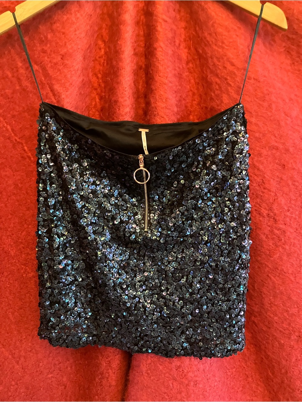 Free People Navy-Black Sequin Mini Skirt with Ring Zip